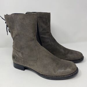 BORN Womens 12 Mid Calf Distressed Taupe Gray Suede Western Rugged Zip Boots